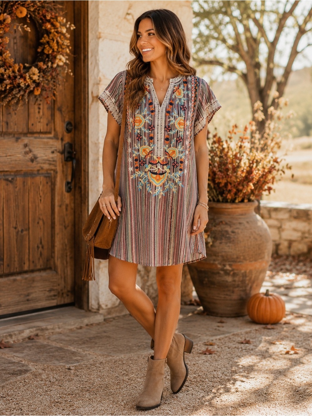 Sz S Savanna Jane Serape Striped Mexican Embroidered Floral Shift Dress